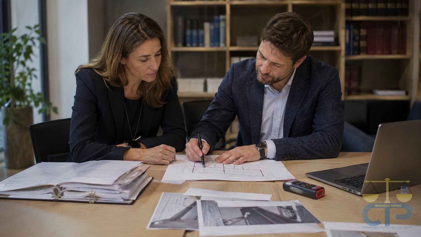 Avvocato e consulente tecnico di parte esaminano insieme planimetrie e fascicolo processuale durante la riunione di impostazione della strategia tecnica