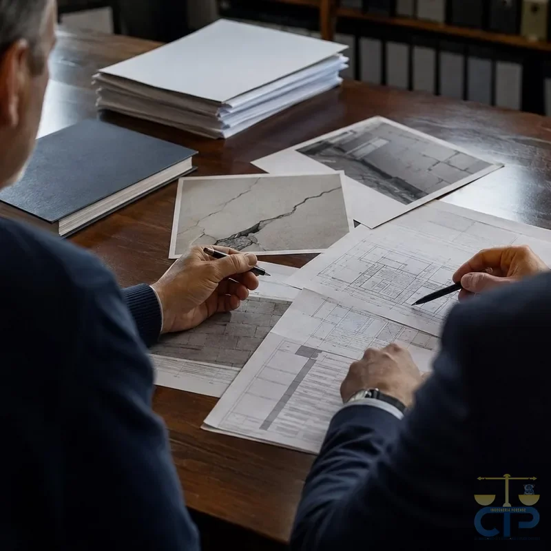 Consulente tecnico di parte e avvocato esaminano documenti e planimetrie al tavolo