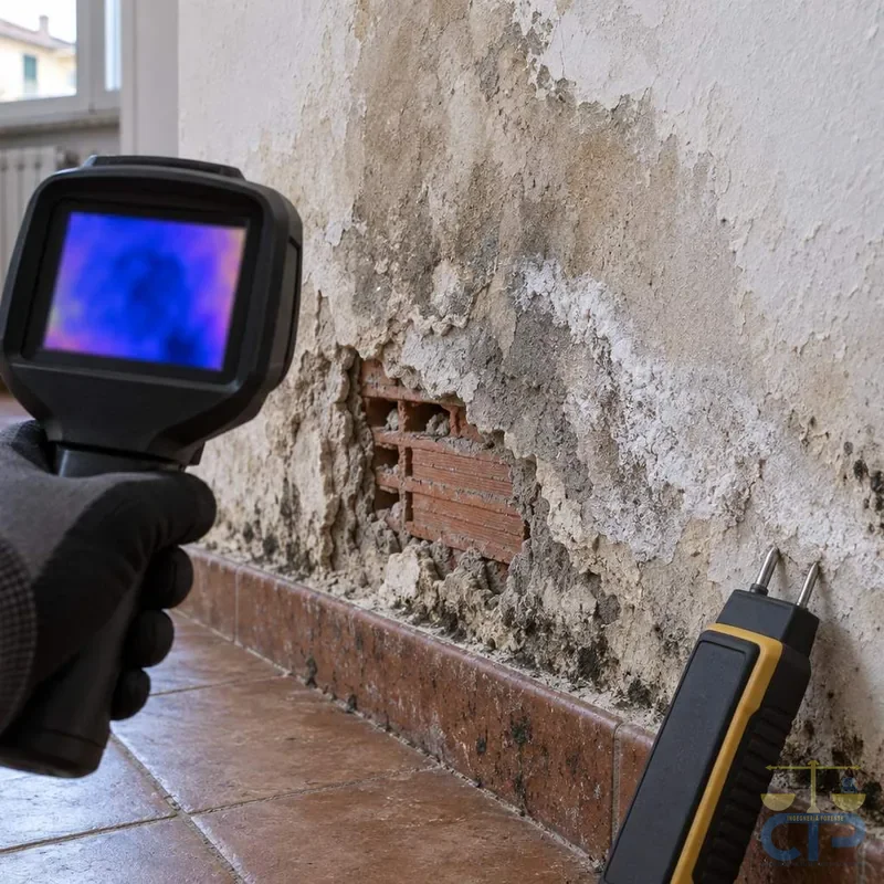 Termocamera puntata su una parete con muffa e umidità da infiltrazione