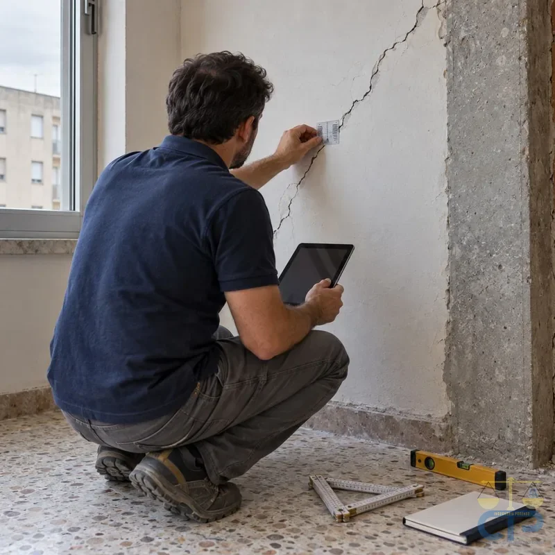 Sopralluogo tecnico con rilievo di una fessurazione su una parete