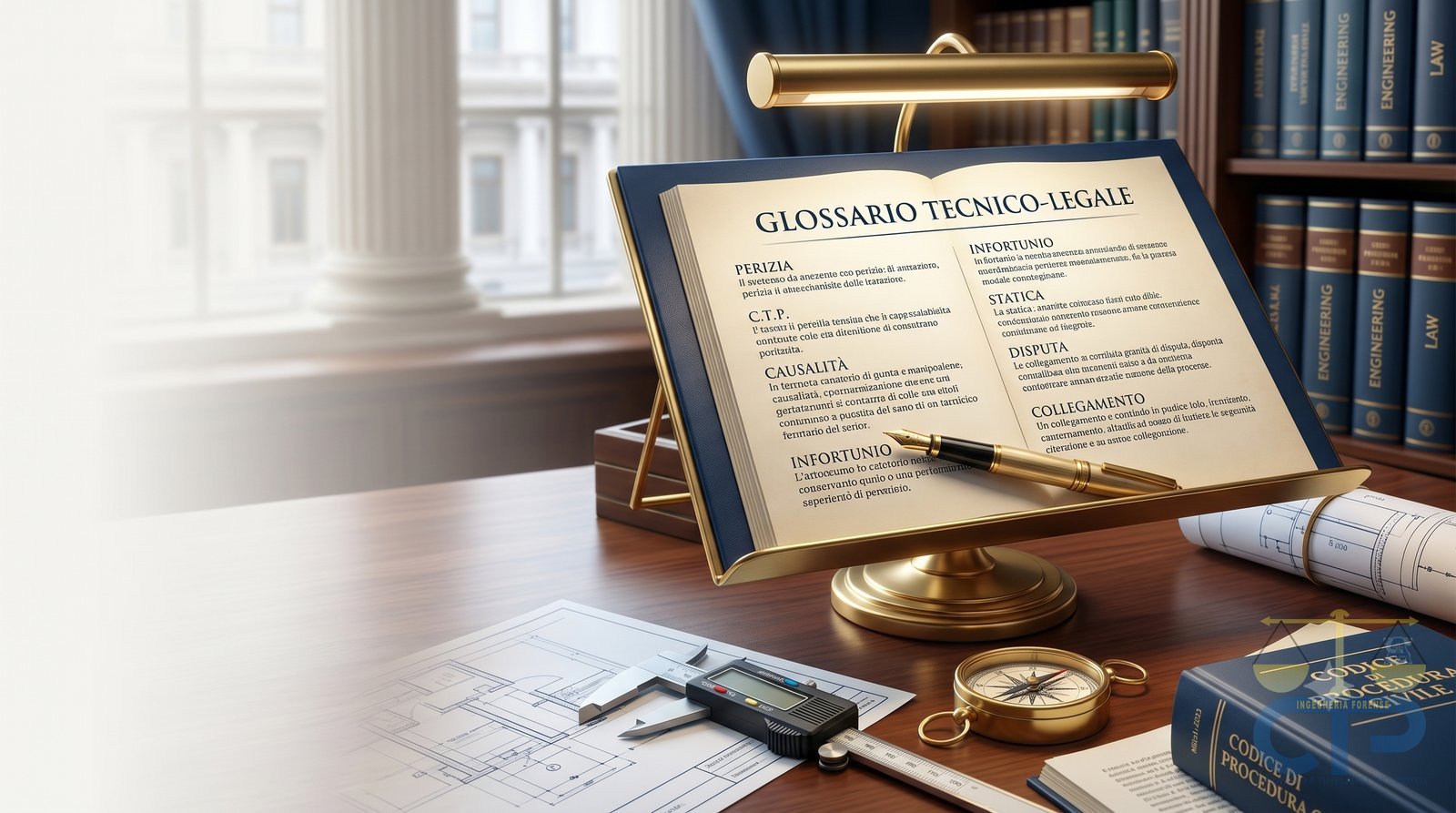 Glossario tecnico-legale: leggio con i termini di perizia, CTP, causalità e infortunio, tra libri di codice, strumenti di misura e disegni tecnici