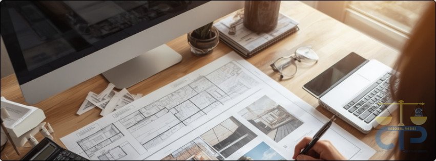 Scrivania con planimetrie, calcolatrice e appunti per la perizia