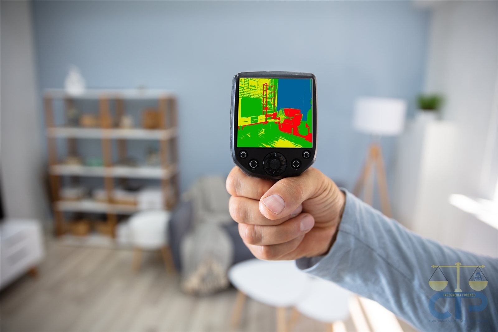 Tecnico usa la termocamera a infrarossi per individuare un vizio occulto su una parete di casa