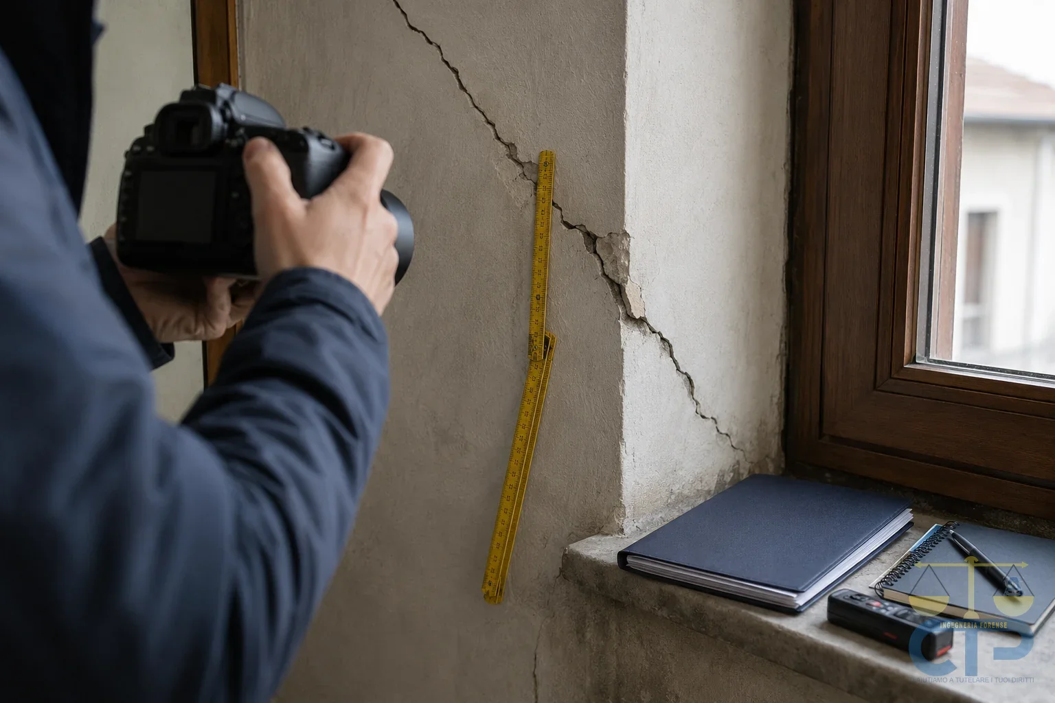 Tecnico che fotografa una lesione diagonale su una parete intonacata con un metro pieghevole appoggiato come riferimento di scala; sul davanzale una cartella tecnica, un distanziometro laser e un taccuino