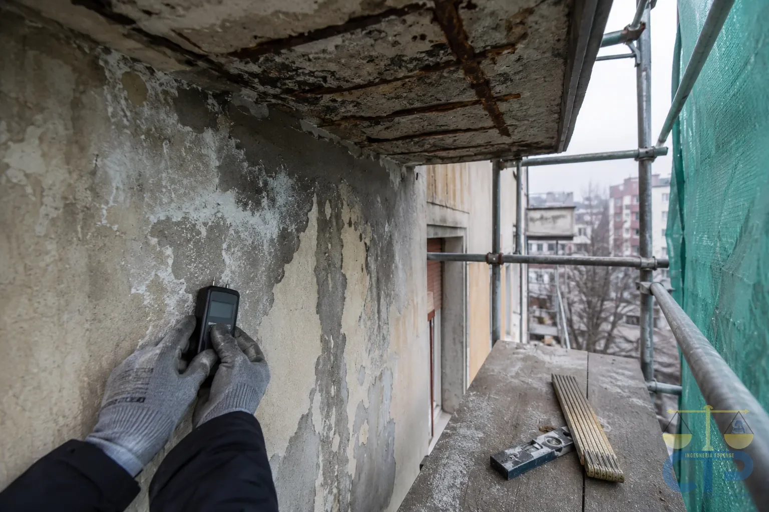 Mani con guanti da lavoro appoggiano la sonda di un igrometro sull'intonaco umido di una facciata, sotto una soletta di balcone con ferri d'armatura ossidati, viste da un ponteggio
