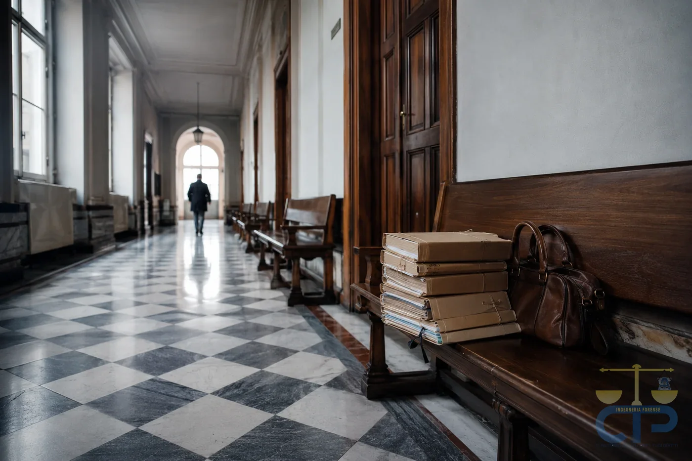Corridoio di un palazzo di giustizia italiano con pavimento in marmo a scacchi, panche in legno e faldoni processuali appoggiati accanto a una borsa da lavoro