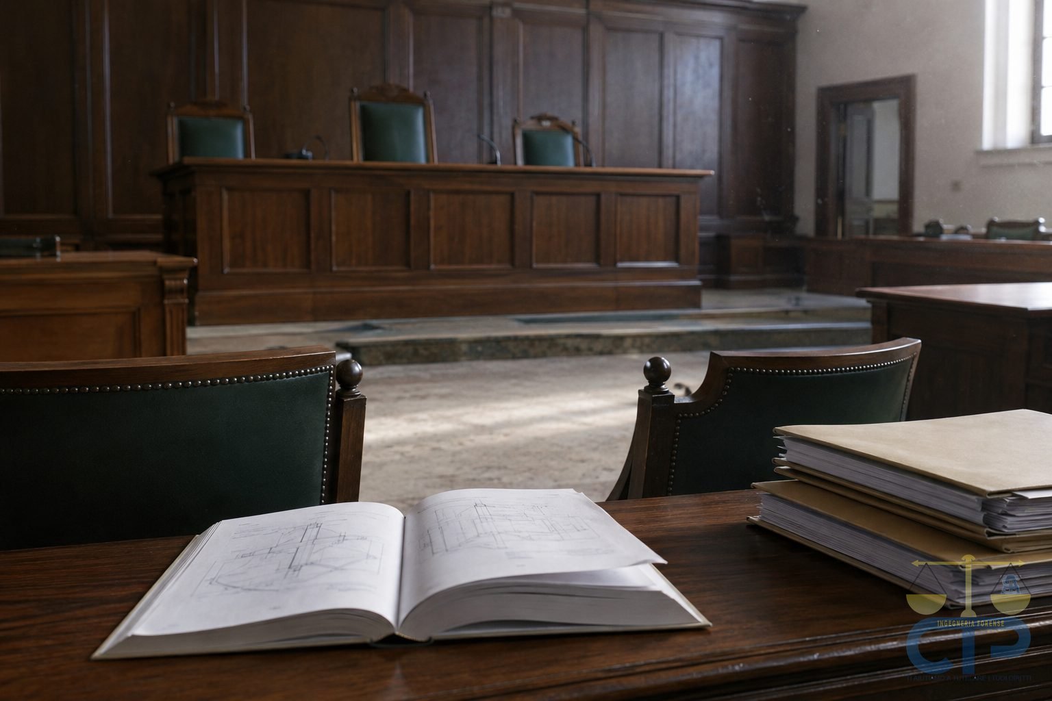 Aula di giustizia vuota con una relazione tecnica aperta e i fascicoli sul banco delle parti