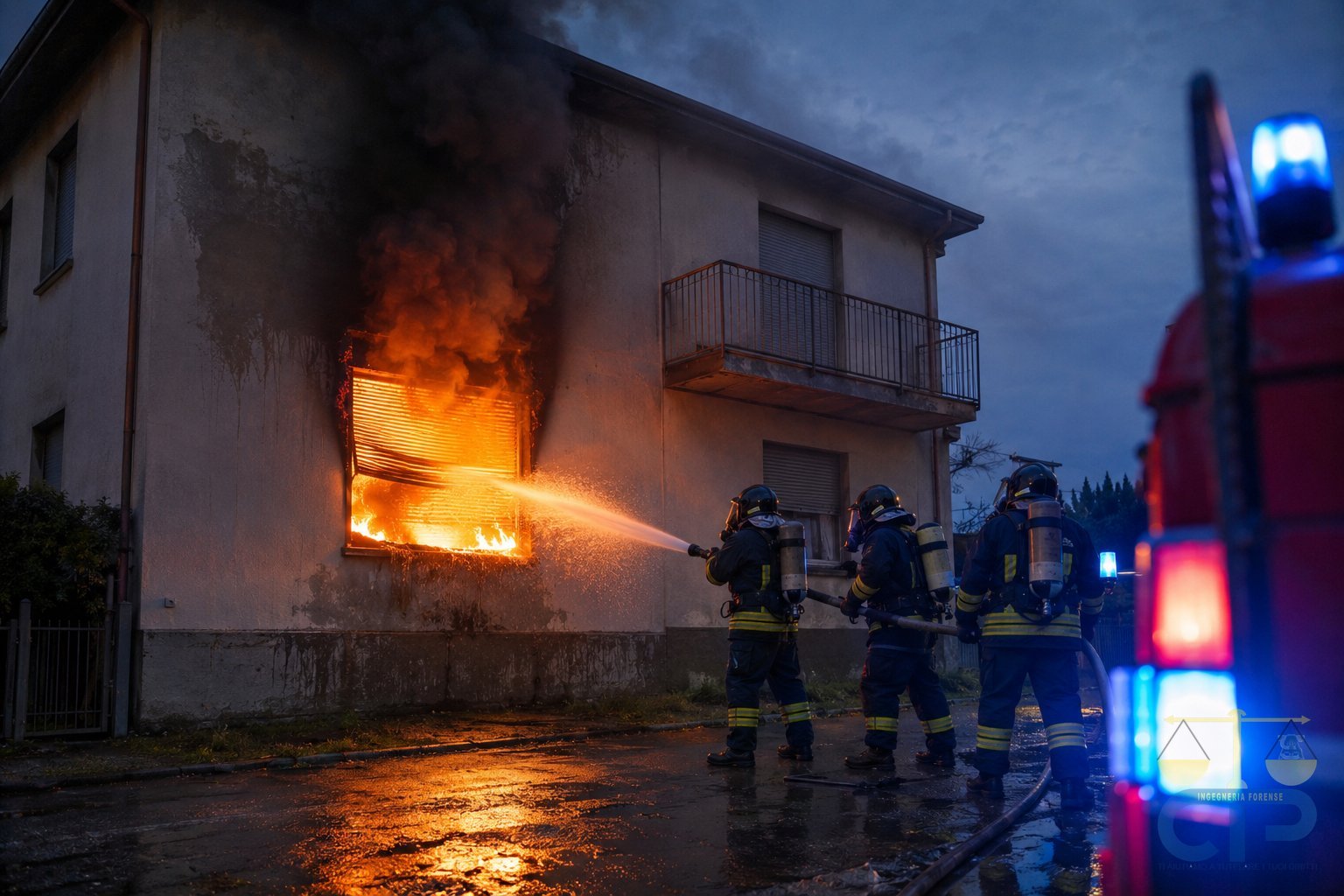 Vigili del fuoco in azione su un incendio in abitazione - la scena da cui parte la perizia incendio e la ricerca delle cause