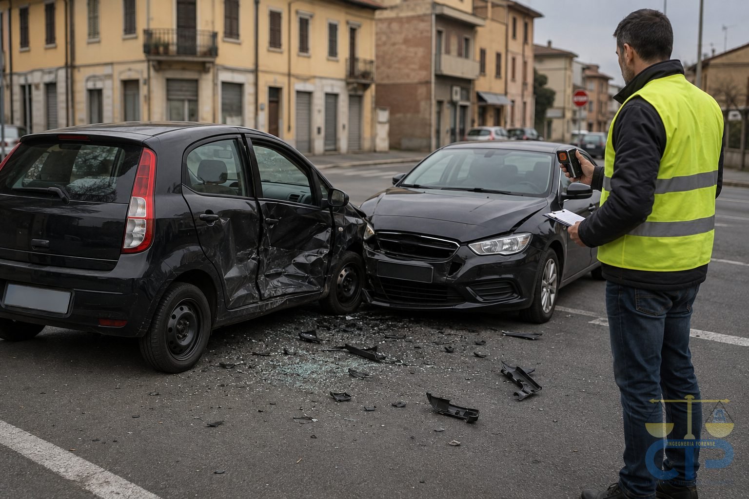 Tecnico con distanziometro laser rileva le posizioni dei veicoli dopo una collisione laterale a un incrocio