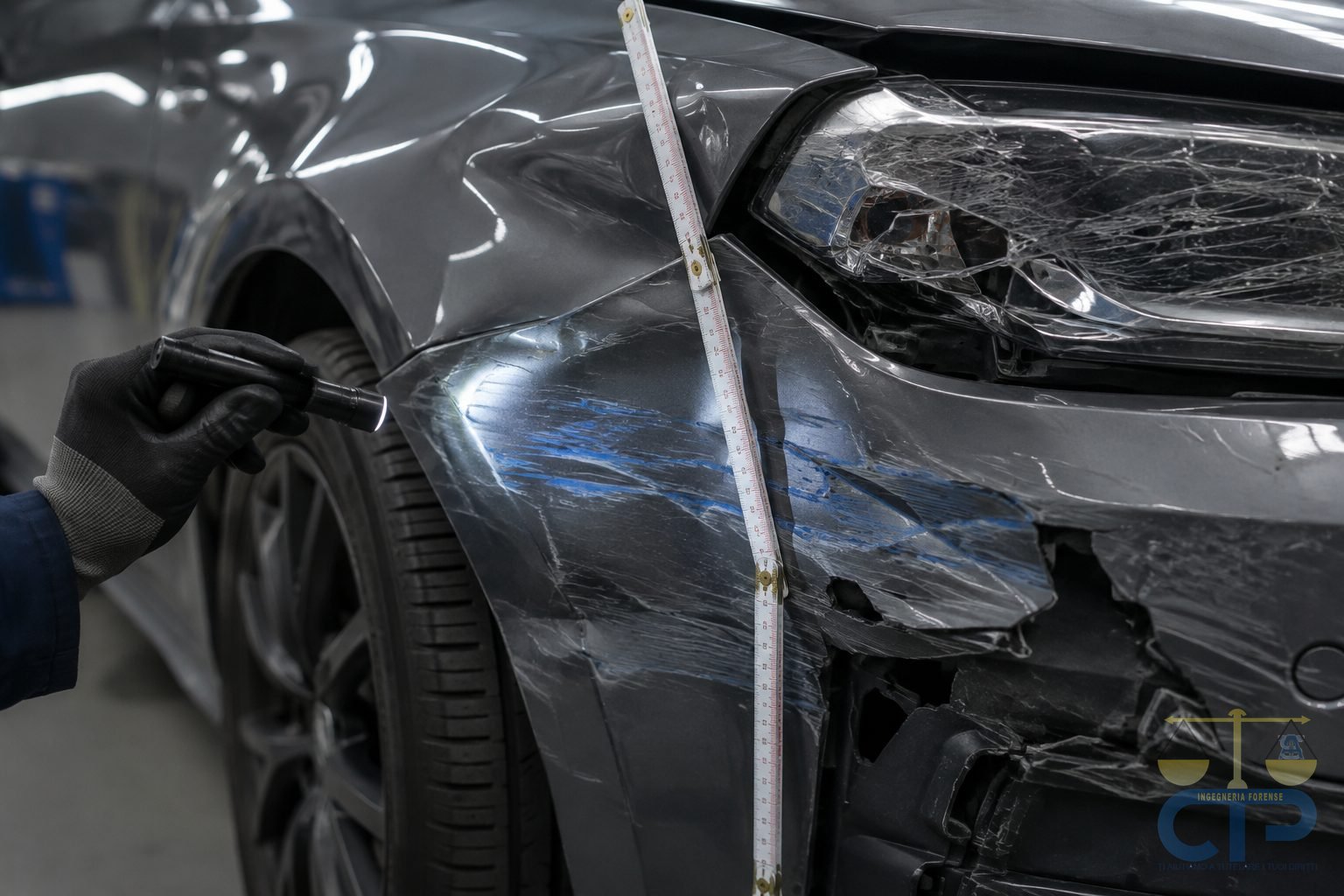Ingegnere forense illumina radente la deformazione dell'angolo anteriore dell'auto per leggere la direzione dell'urto