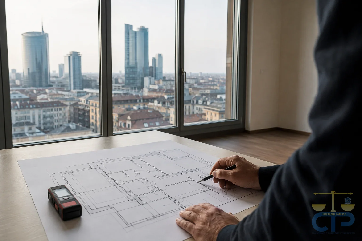 Rilievo estimativo in un appartamento vuoto a Milano: planimetria distesa sul tavolo, distanziometro laser e mano del tecnico che indica un dettaglio, con lo skyline di Porta Nuova oltre la finestra