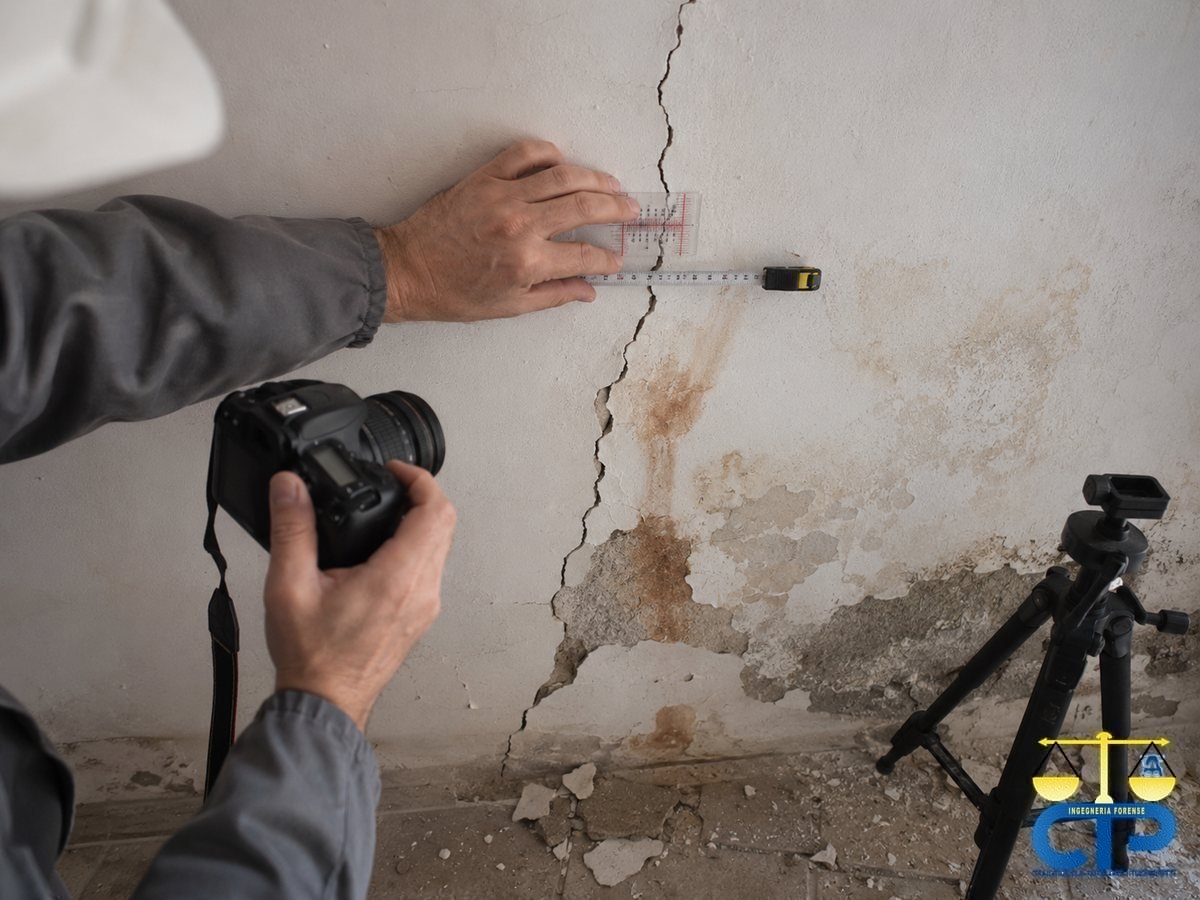 Un tecnico misura con il fessurimetro l'ampiezza di una lesione su una parete con aloni di umidità e intonaco distaccato, metro e fotocamera in mano durante il rilievo