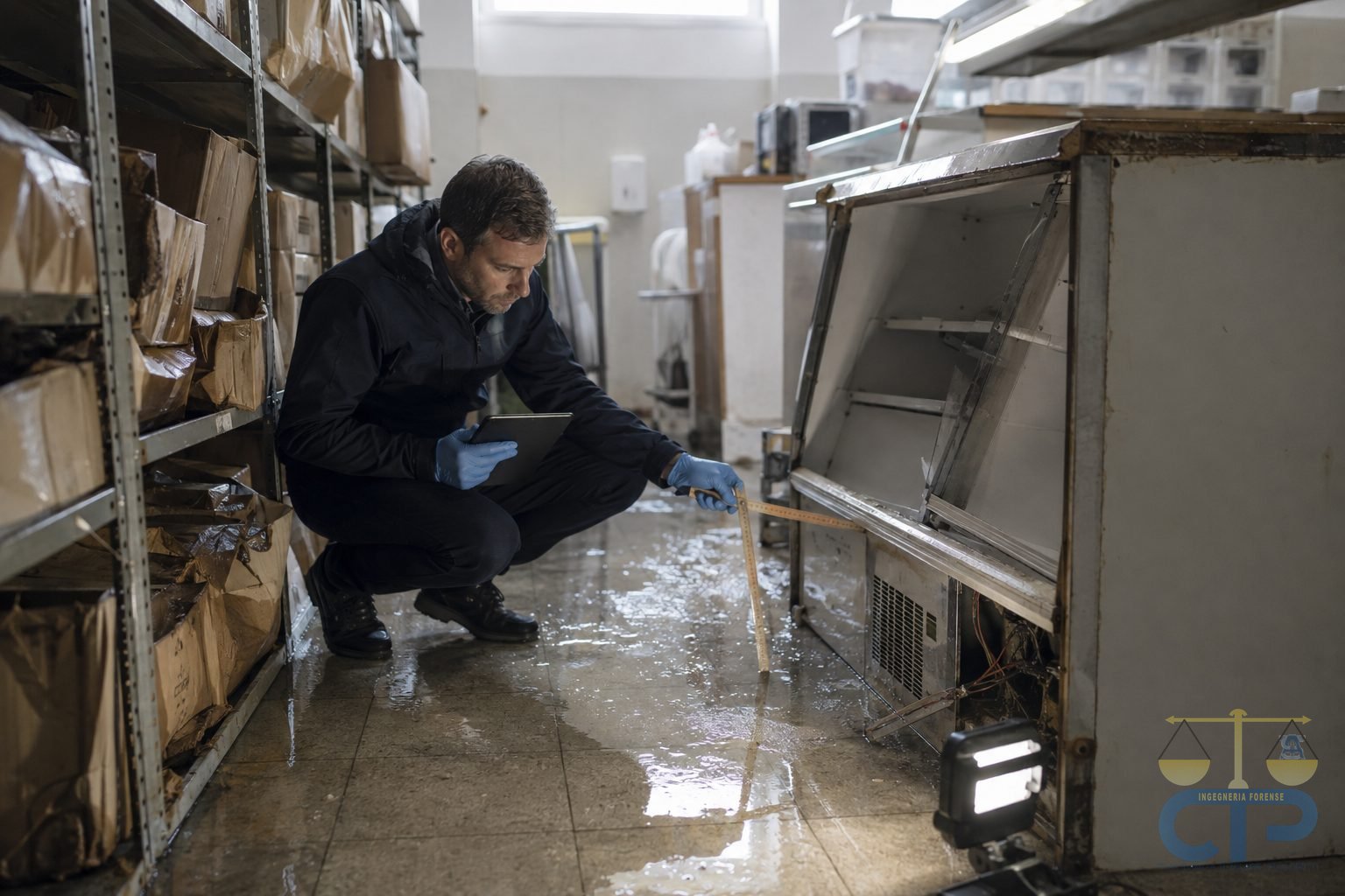 Tecnico che rileva e misura un banco frigo danneggiato nel magazzino allagato di un negozio