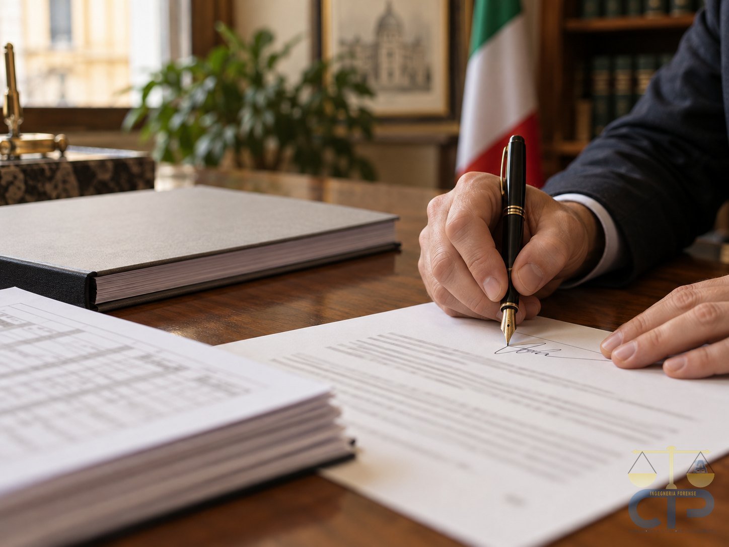 Mano che firma un documento con penna stilografica su una scrivania di legno; accanto una relazione tecnica rilegata e fogli con tabelle sfocati.