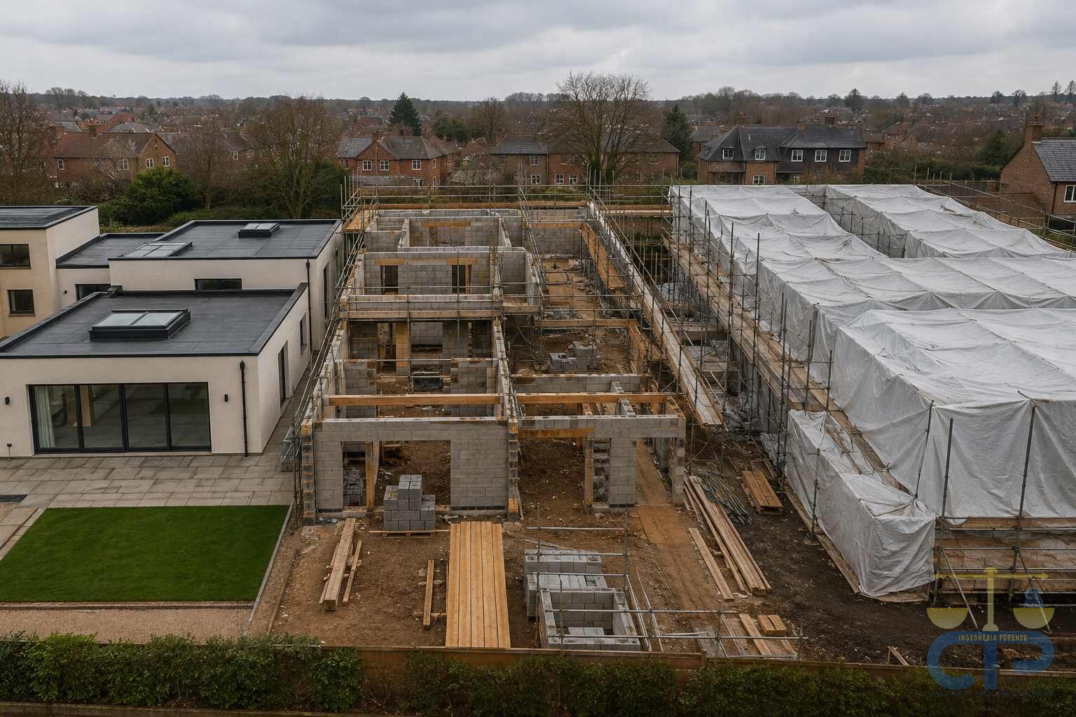 Cantiere edilizio residenziale visto dall'alto: muratura in blocchi in elevazione, ponteggi e teli di protezione accanto a un fabbricato già ultimato.