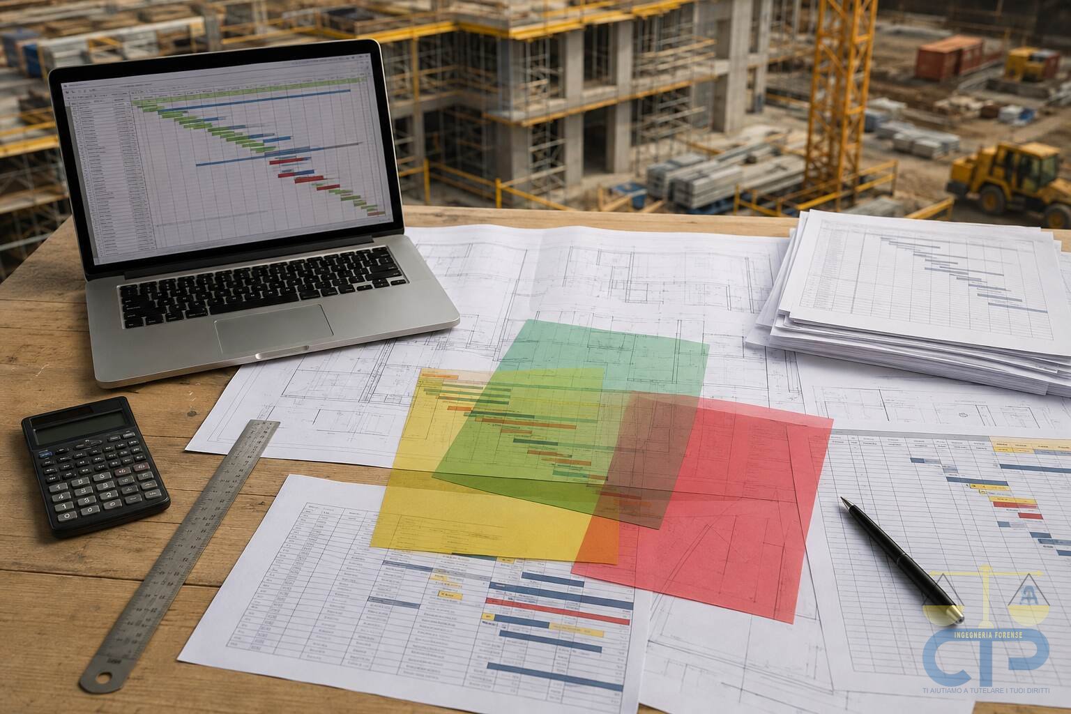 Postazione di lavoro con computer portatile che mostra un diagramma di Gantt, stampe di programmi lavori sovrapposte in trasparenza, disegni tecnici, calcolatrice e riga metallica, con il cantiere sullo sfondo. Illustrazione generata con AI, non documentazione di un caso reale.