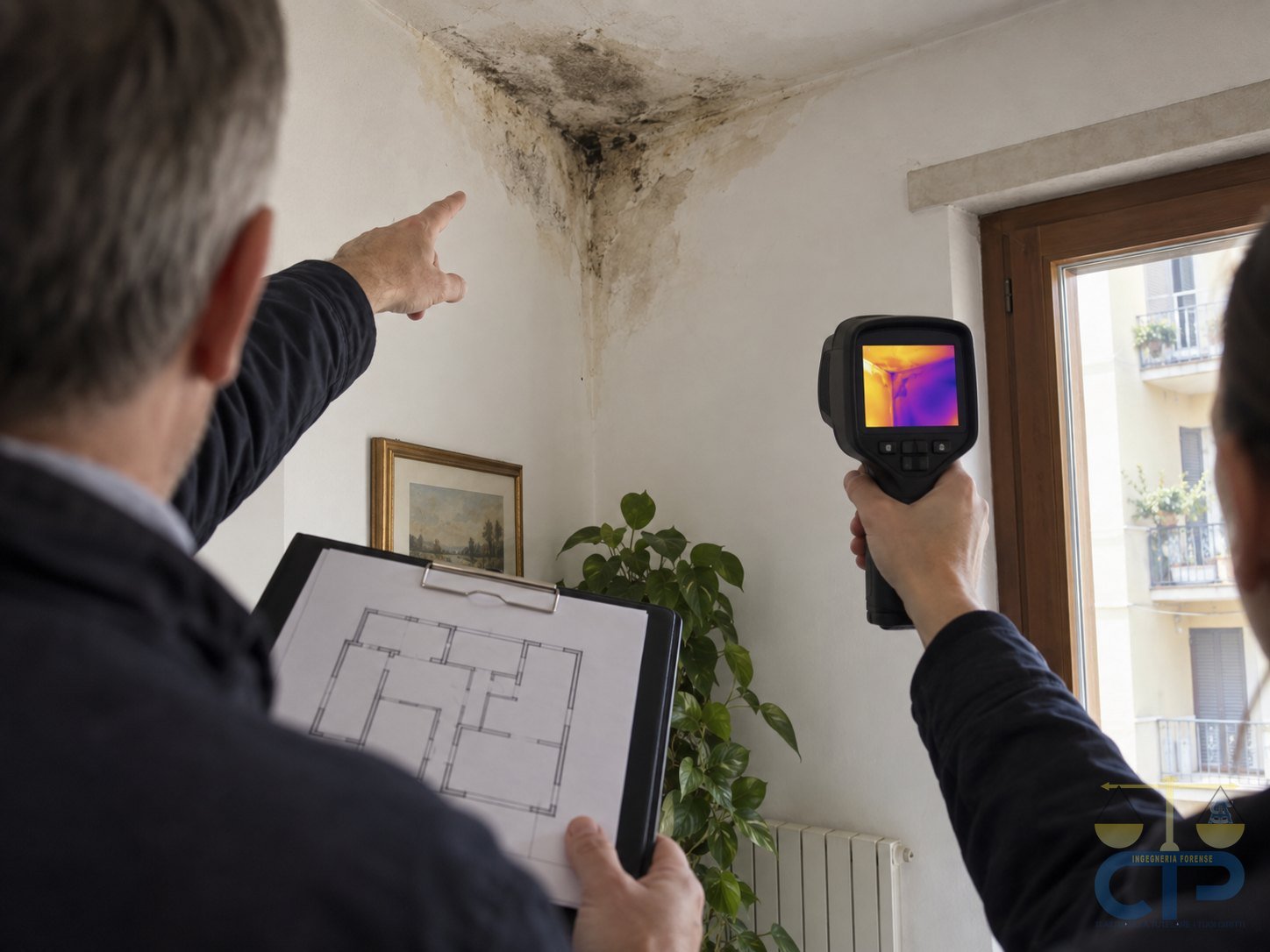 Due persone di spalle in un appartamento di condominio: una indica una macchia di umidità e muffa nell'angolo del soffitto con una cartellina e una planimetria, l'altra inquadra la zona con una termocamera portatile.