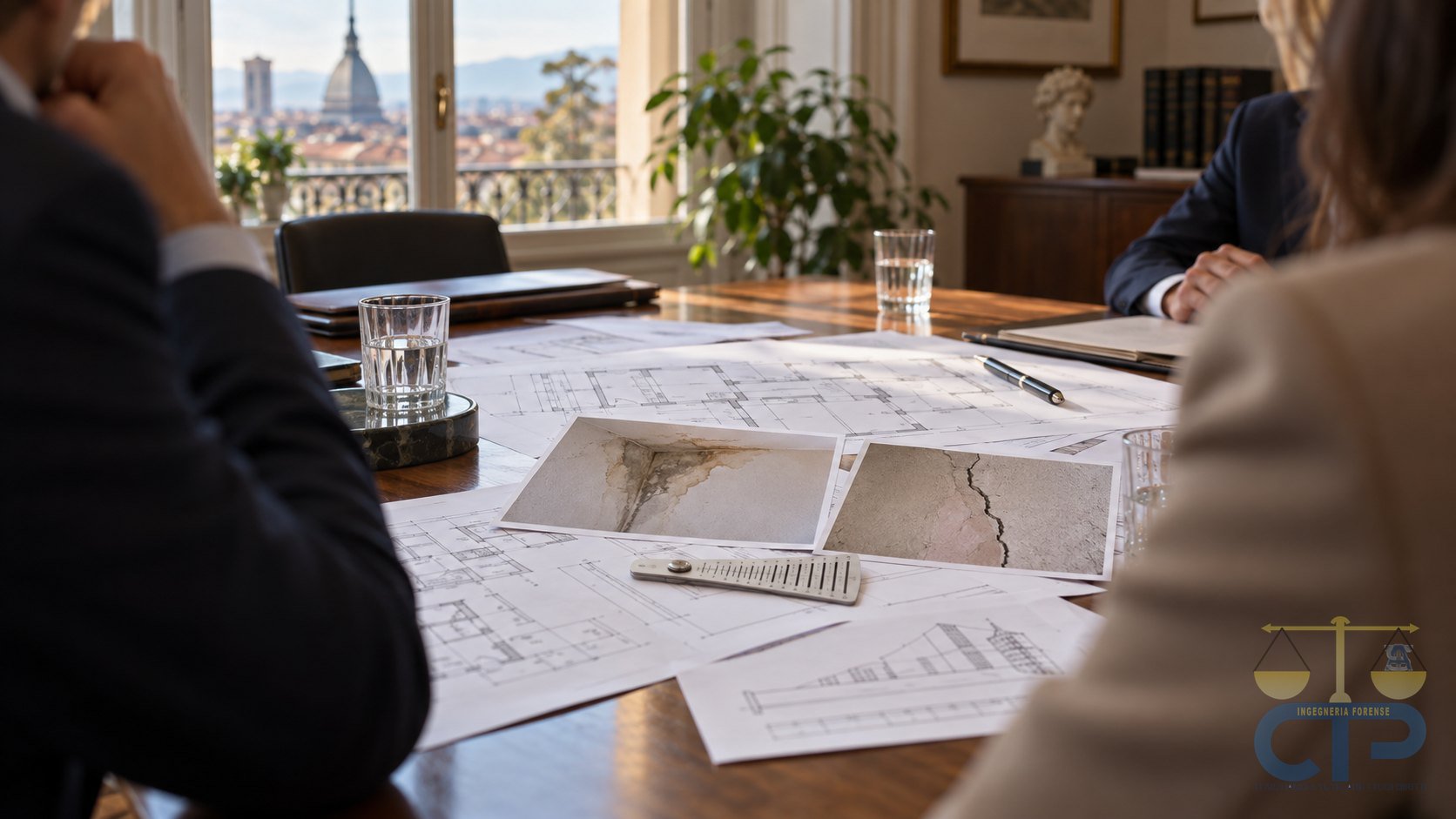 Tavolo di riunione in uno studio affacciato sui tetti di Torino con la Mole Antonelliana sullo sfondo: planimetrie aperte, fotografie di una macchia d'umidità e di una fessura, un fessurimetro; le parti sono di spalle e fuori fuoco.