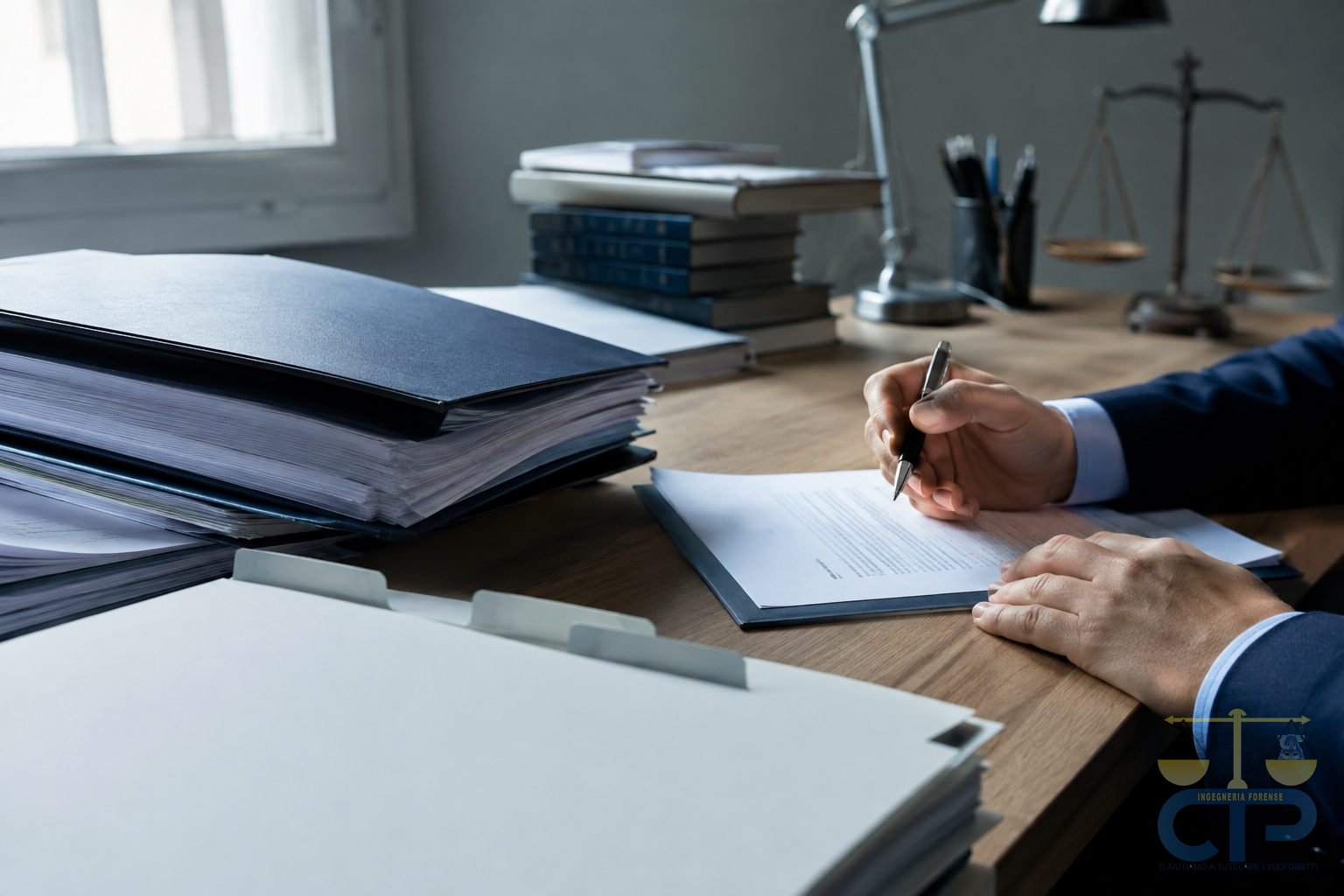 Compilazione di un documento alla scrivania di uno studio professionale