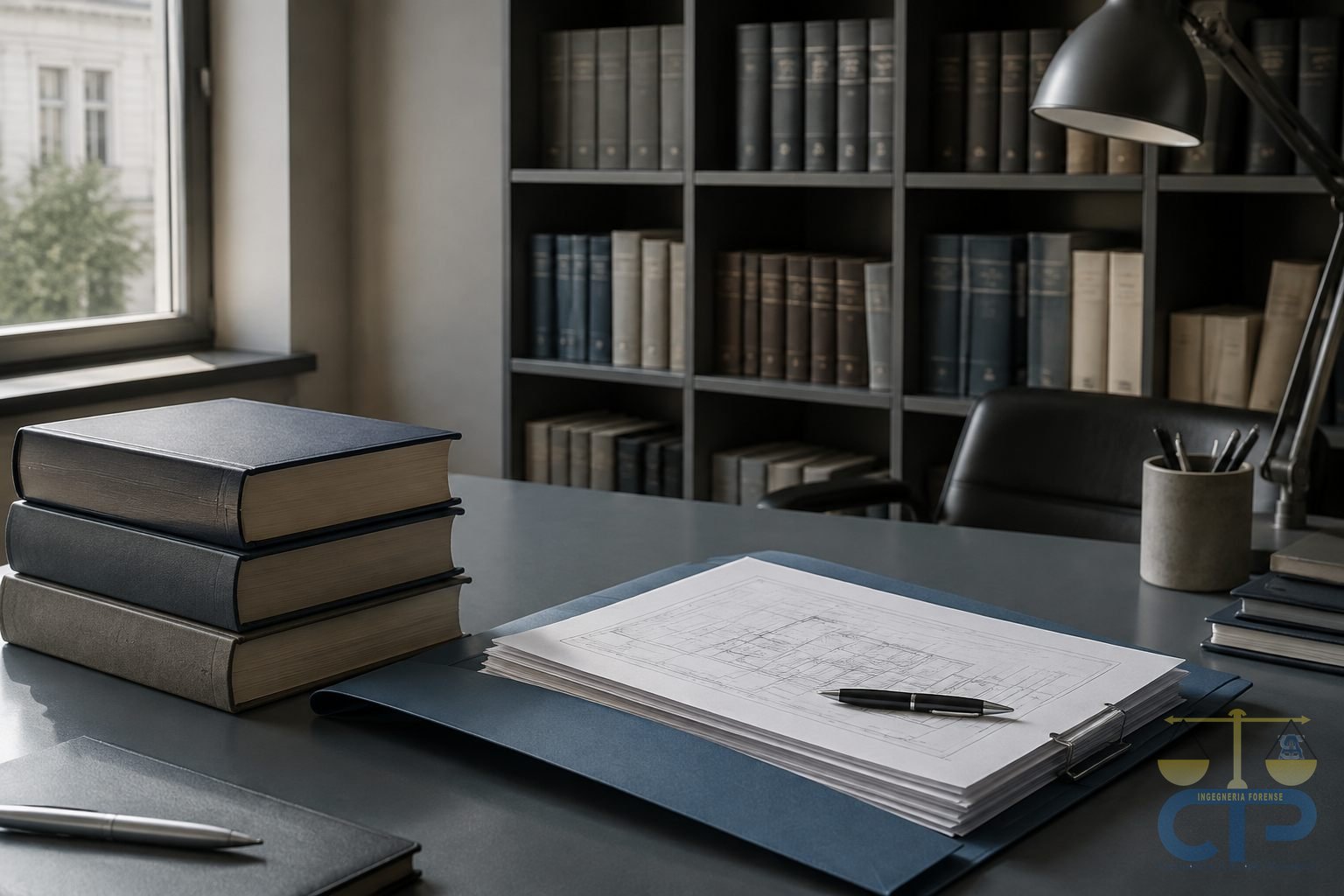 Libri e fascicolo con planimetrie sulla scrivania di uno studio professionale
