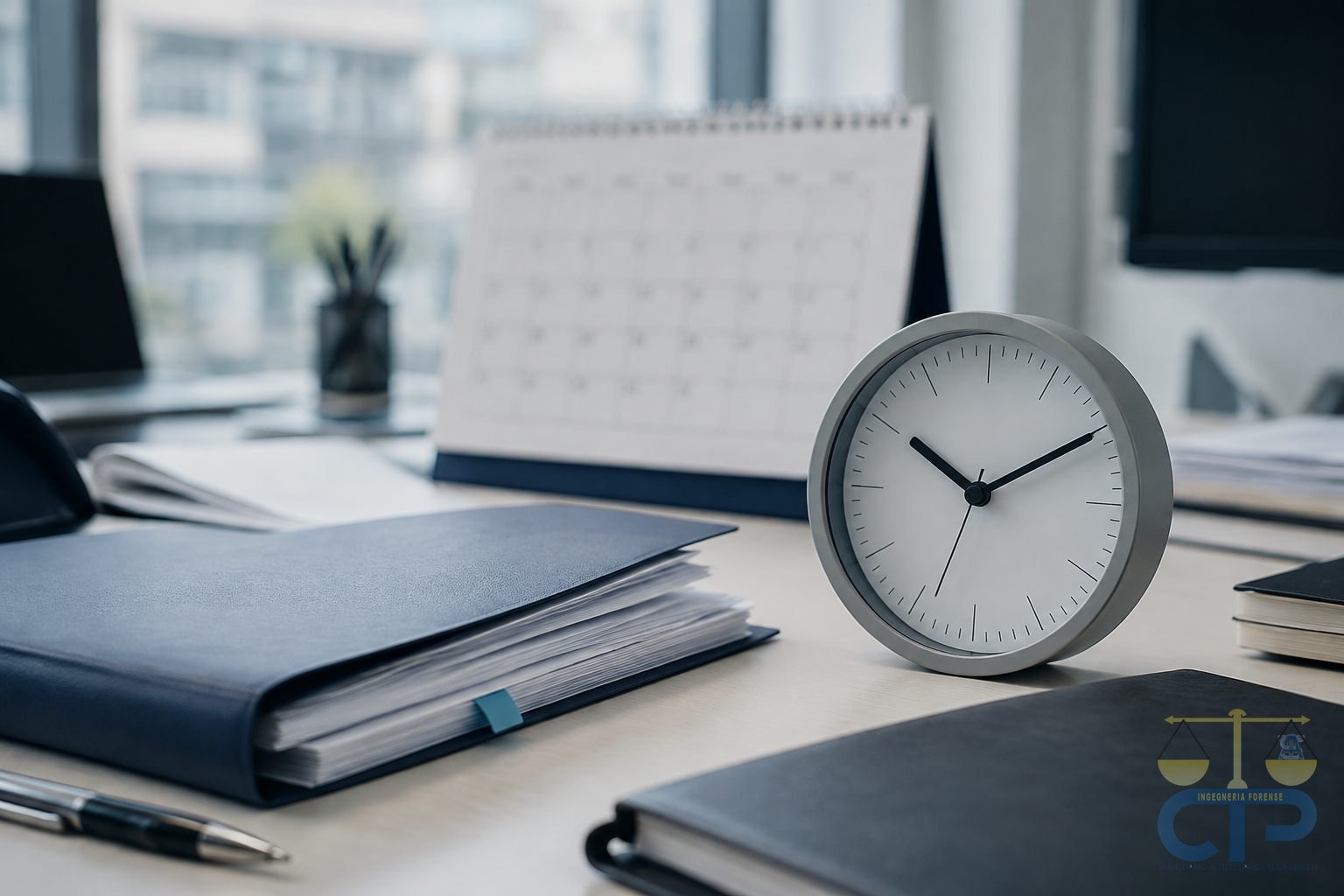 Orologio e calendario accanto a un fascicolo sulla scrivania