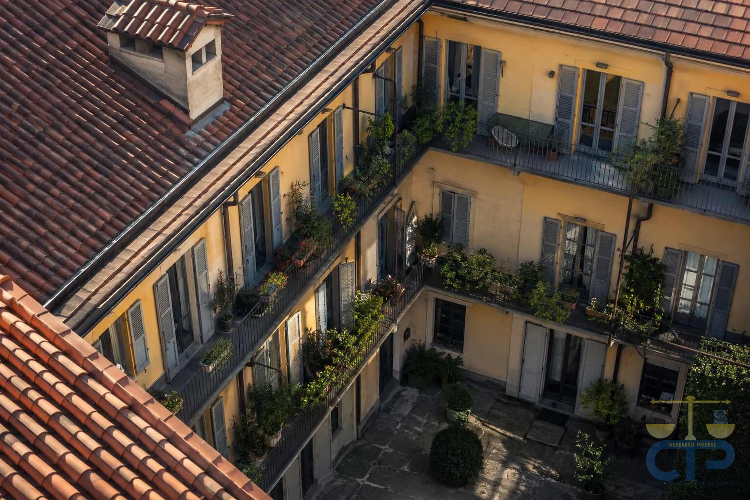 Cortile interno di un edificio condominiale visto dall'alto: tetto in coppi con un comignolo, facciata gialla con persiane grigie, ballatoi e balconi con ringhiere in ferro e piante in vaso, cortile pavimentato in pietra