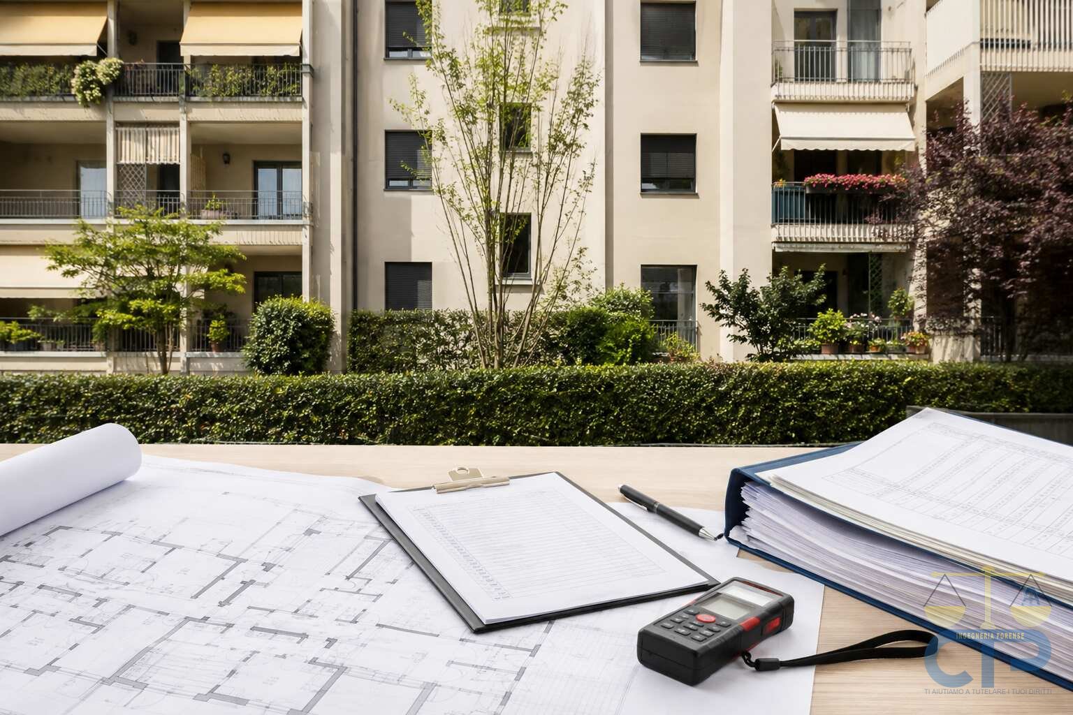 Su un tavolo davanti a un edificio condominiale: una planimetria srotolata, una lista di verifica fissata a una cartellina portablocco, una penna, un distanziometro laser e un raccoglitore con un fascicolo di documenti
