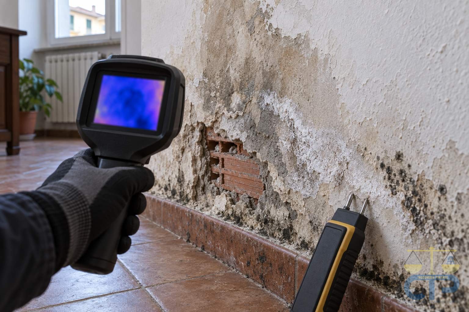 Mano guantata che punta una termocamera portatile verso la base di una parete con intonaco distaccato, efflorescenze e muffa; a terra, contro il battiscopa, un igrometro a contatto con le punte infisse nell'intonaco