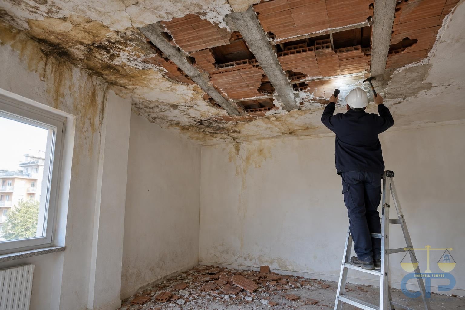 Intradosso di un solaio in laterocemento all'ultimo piano con sfondellamento in atto: pignatte senza fondello e travetti scoperti, macchie di infiltrazione sull'intonaco, un tecnico di spalle su una scala con torcia e martelletto, frammenti di laterizio a terra