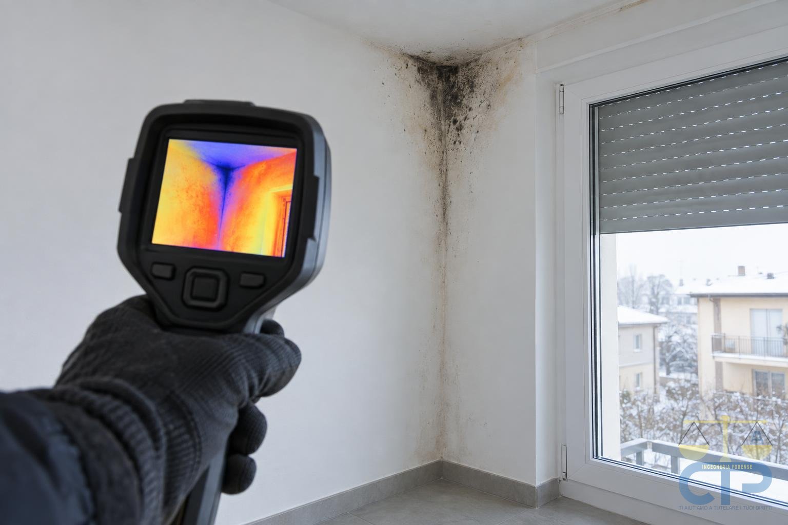 Mano guantata che regge una termocamera puntata sull'angolo di una stanza nuova con pareti bianche e serramento in PVC: sullo spigolo si vede una chiazza di muffa nera e sul display la stessa zona appare fredda in falsi colori