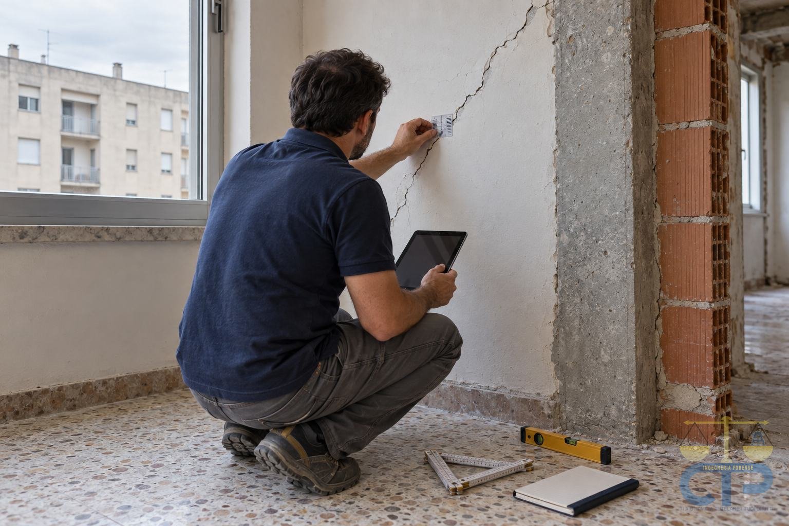 Tecnico accovacciato davanti a una parete intonacata attraversata da una lesione diagonale, con un fessurimetro appoggiato alla crepa e un tablet in mano; a terra metro pieghevole, livella e taccuino, in un appartamento in ristrutturazione