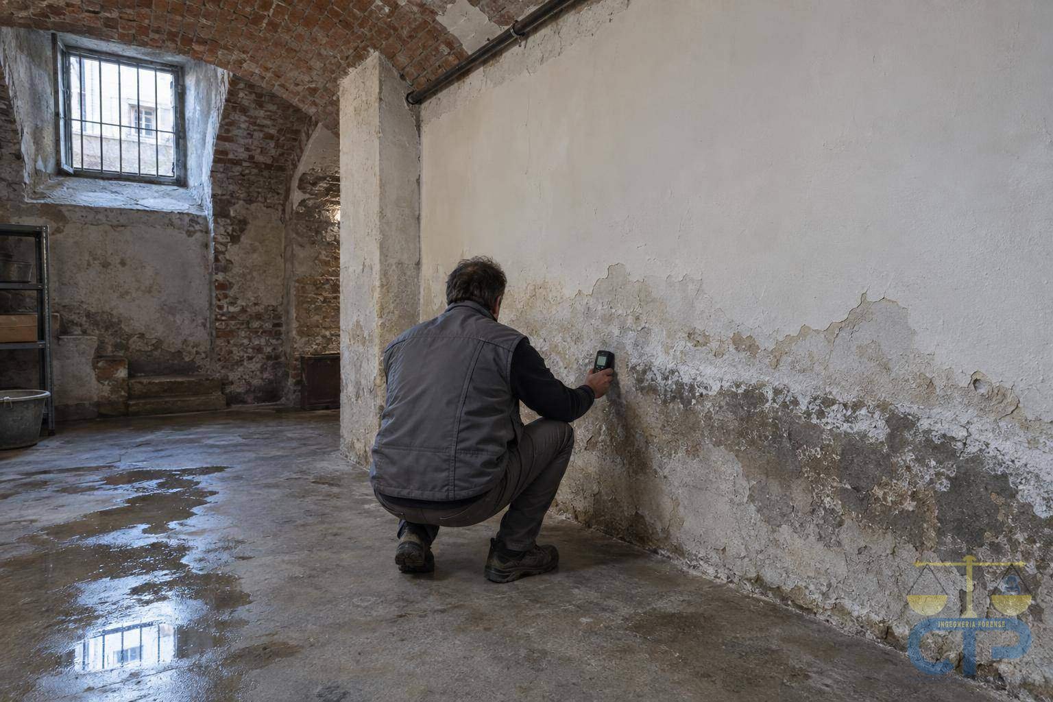 Seminterrato voltato in mattoni pieni: un tecnico accovacciato di spalle appoggia un igrometro a contatto su una parete il cui intonaco chiaro si stacca alla base per umidità di risalita, con luce fredda da una finestra a bocca di lupo