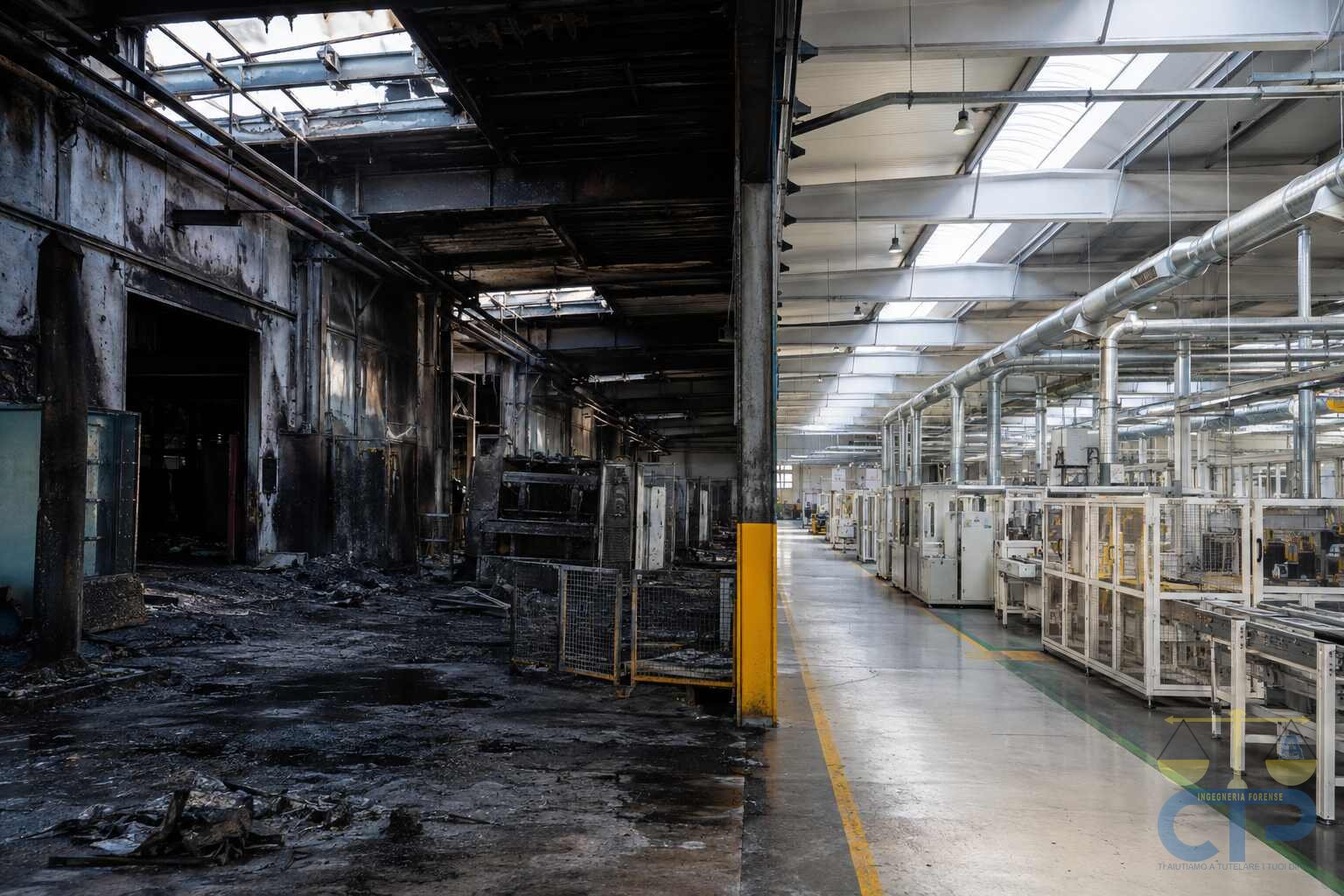 Capannone industriale diviso in due: a sinistra la porzione incendiata, con struttura annerita e copertura danneggiata; a destra la linea produttiva intatta e illuminata, ancora in funzione
