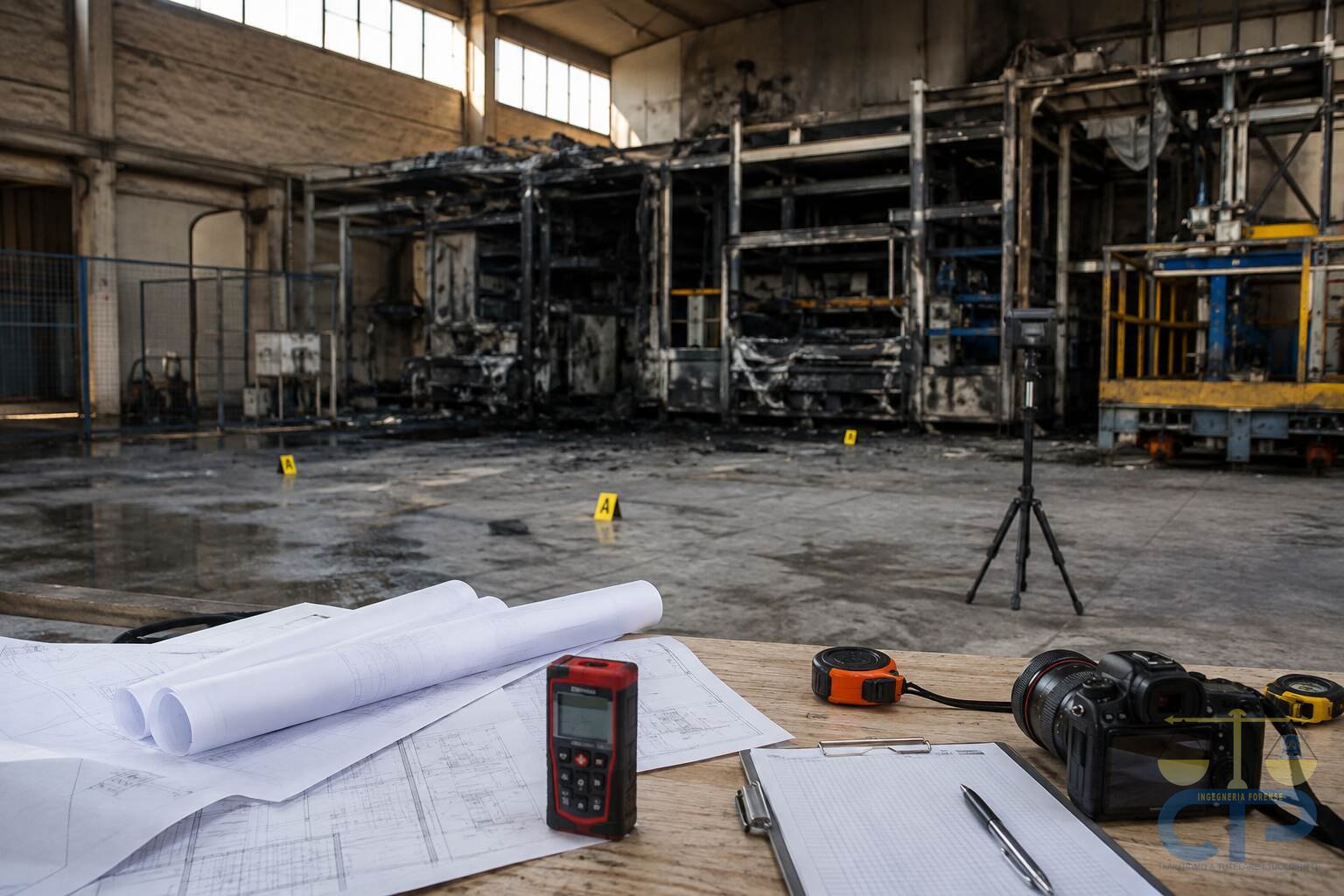 Piano di lavoro dentro un capannone incendiato: disegni tecnici, distanziometro laser, rotella metrica, blocco per appunti e fotocamera; sullo sfondo i macchinari combusti con cartellini segnaposto numerati. Illustrazione generata con AI, non documentazione di un caso reale.