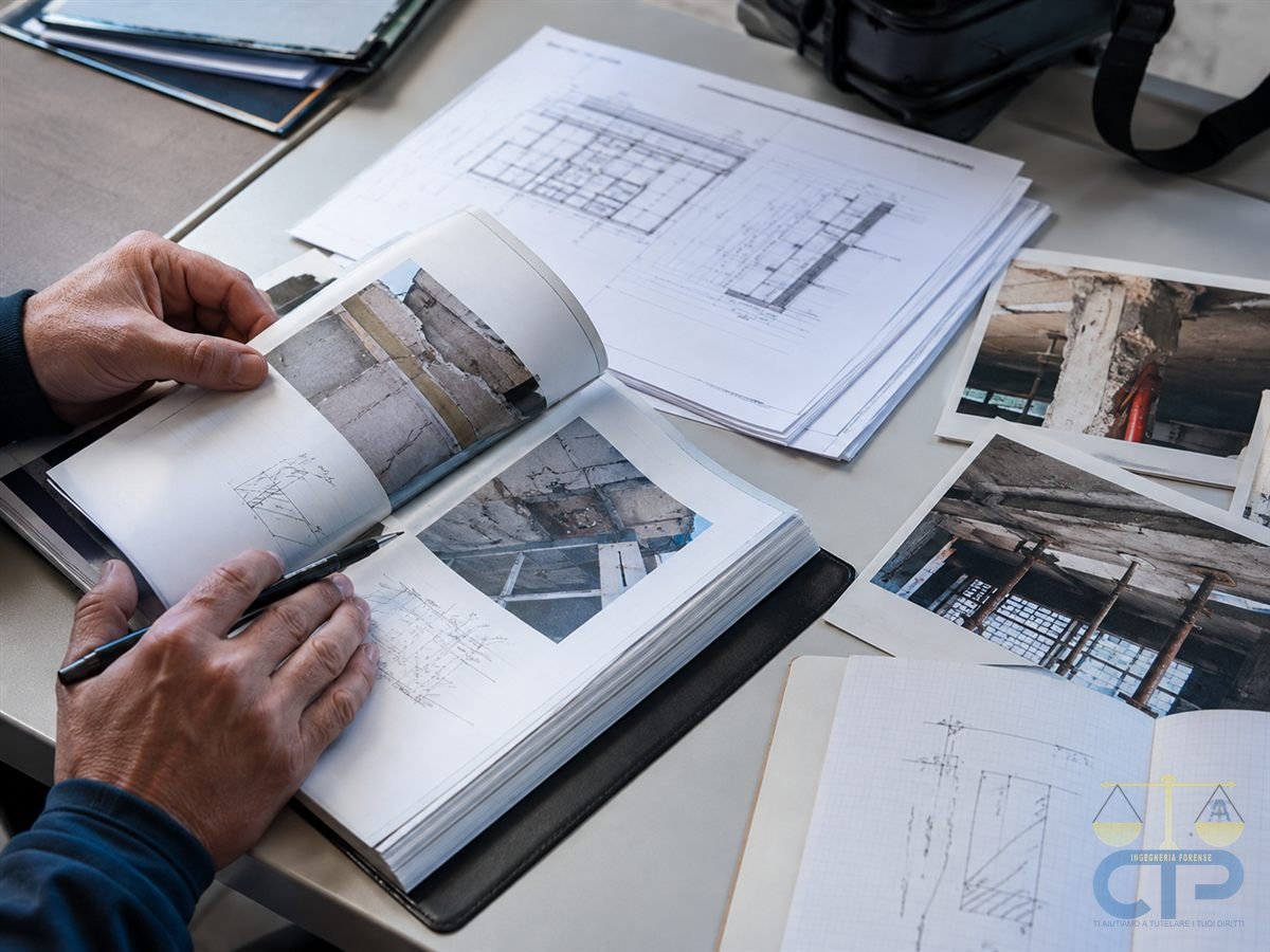 Mani di un tecnico che esamina un fascicolo con fotografie di difetti costruttivi e disegni tecnici