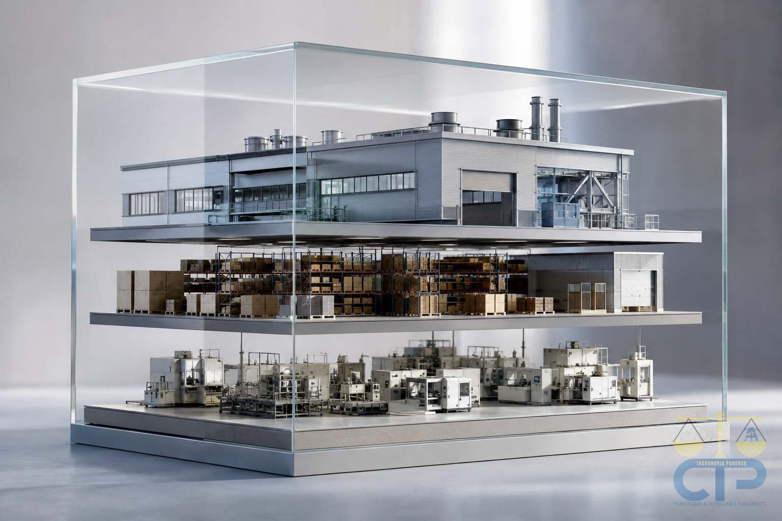 Modello di uno stabilimento dentro una teca di vetro, diviso in tre livelli sovrapposti: il fabbricato in alto, il magazzino con scaffalature e pallet al centro, le macchine di produzione alla base.