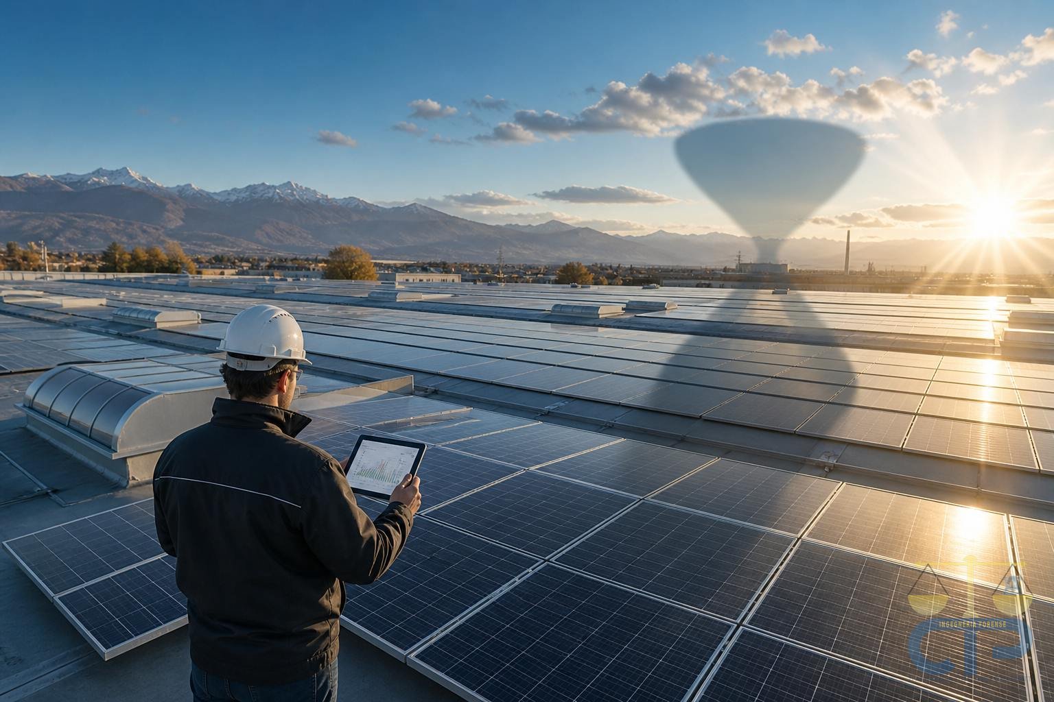 Tecnico con elmetto e tablet su una copertura industriale coperta di moduli fotovoltaici, al tramonto, con montagne innevate sullo sfondo e la sagoma di una clessidra sospesa nel cielo. Illustrazione generata con AI.