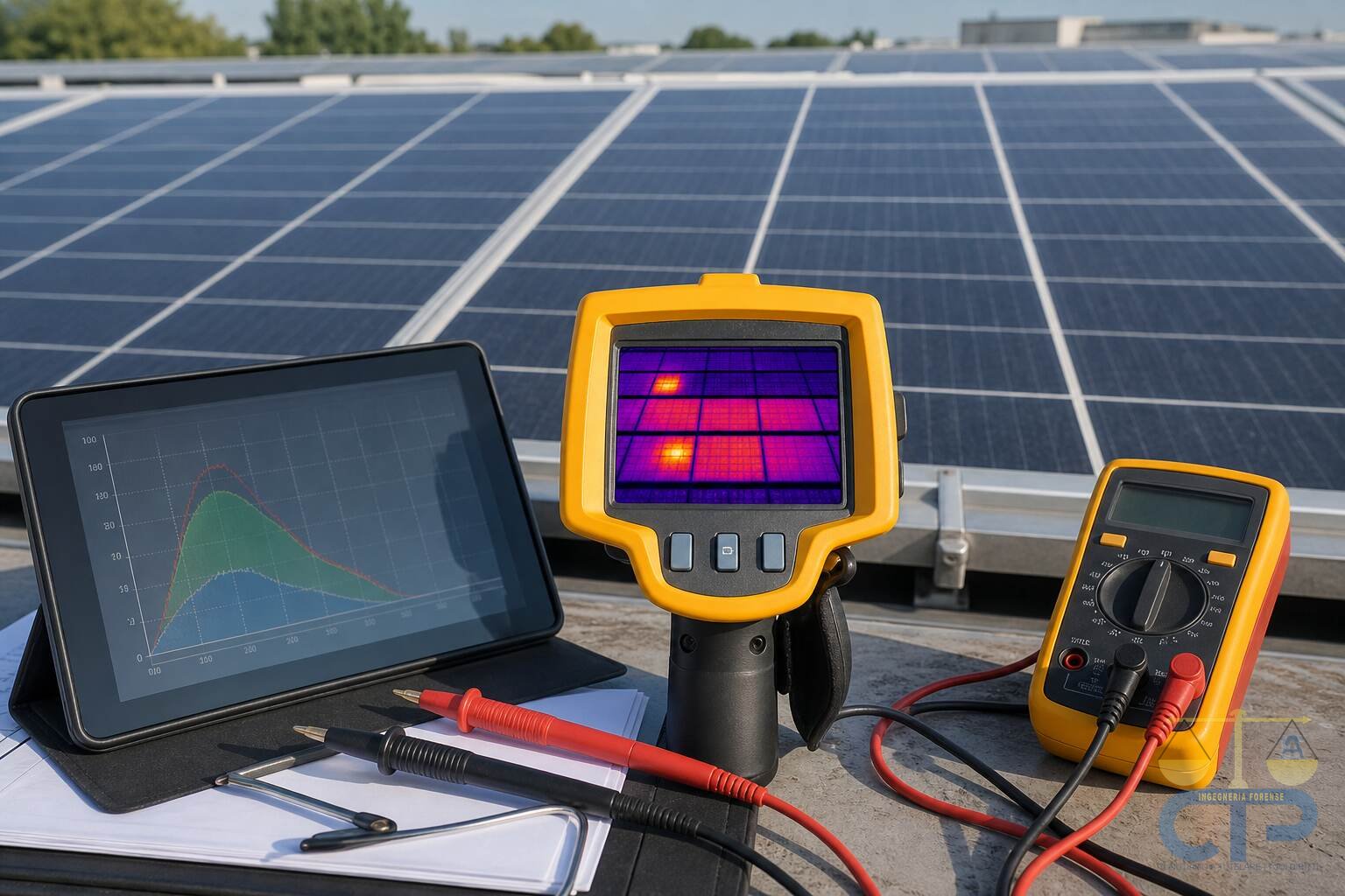Termocamera, multimetro con puntali e tablet con curve di misura, appoggiati sulla copertura accanto alle file di moduli fotovoltaici. Illustrazione generata con AI, non documentazione di un caso reale.