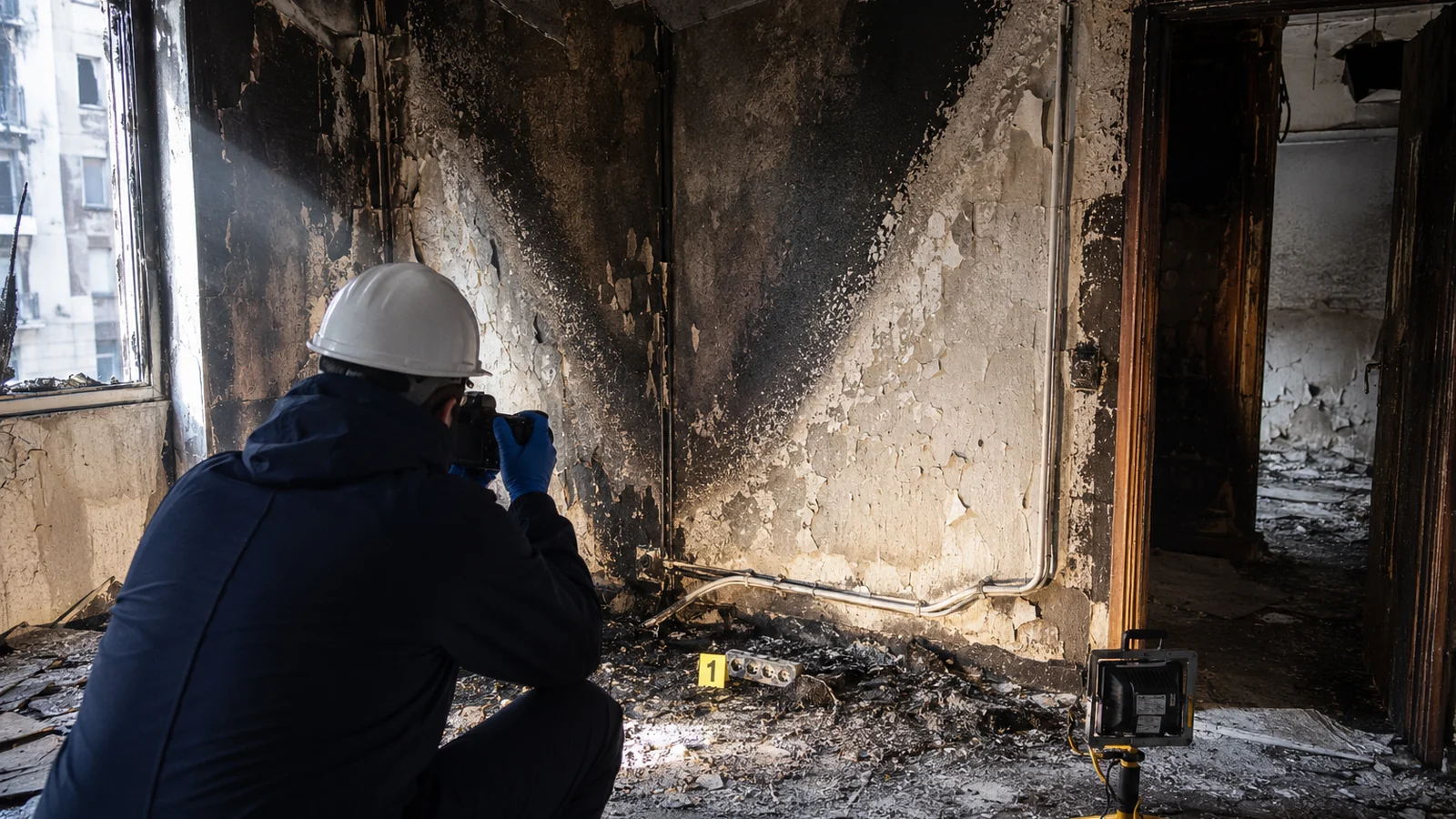 Perito per incendio a Torino durante il sopralluogo tecnico in un locale danneggiato dal fuoco