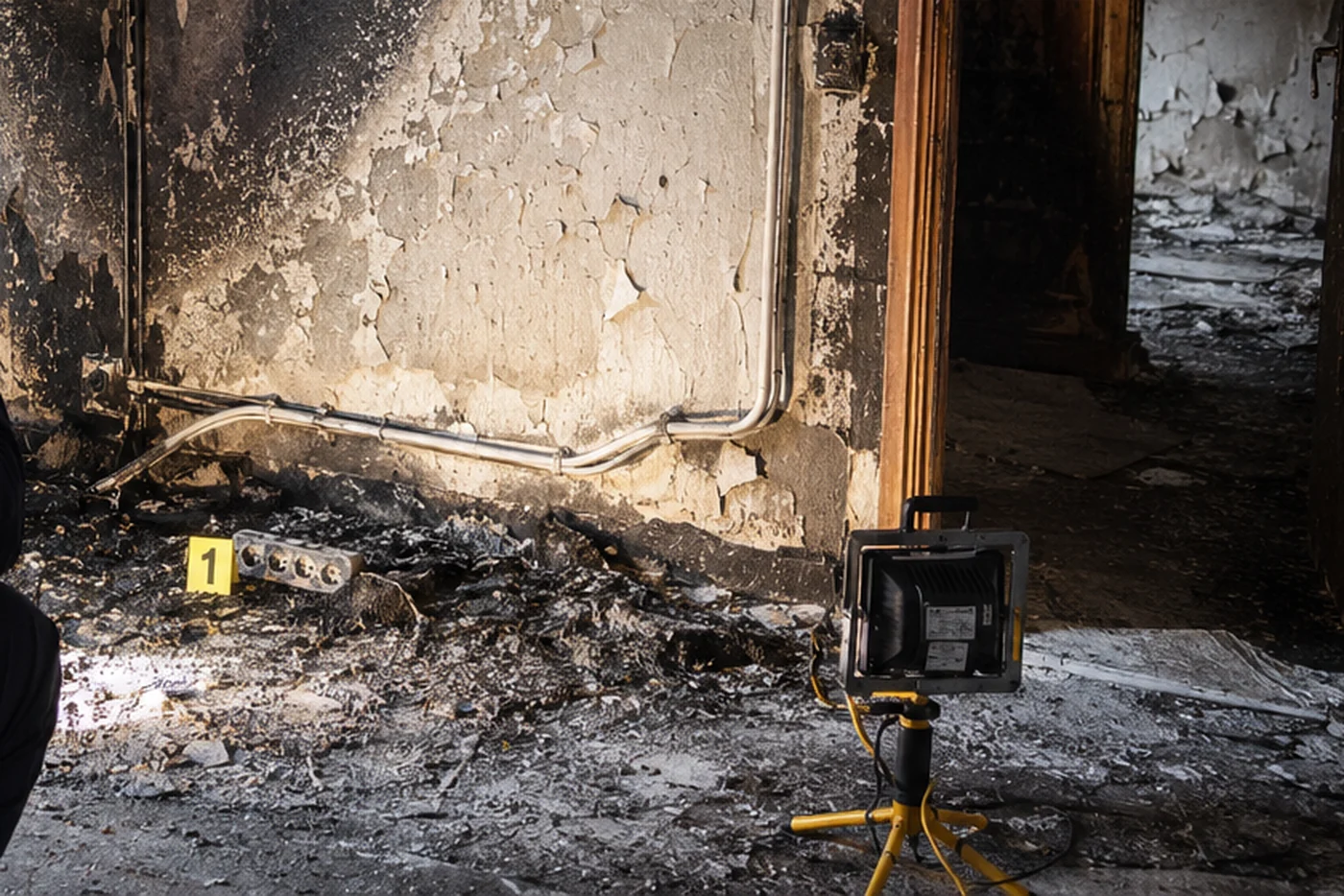 Perizia per cause incendio a Torino: reperto elettrico numerato e canalizzazione documentati in posizione